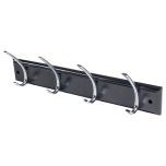 Large Ribbed Hat & Coat Hooks, 4 x Bright Chrome Hooks on Black Rail, 450 x 75mm