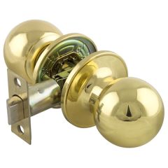 Passage Door Latch Knob Set, Pair Solid Polished Brass with Tubular Mortice, 58mm Diameter