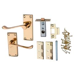 Victorian Style Scroll Latch Pack, Pair Brass, 63mm Mortice, 2 x 75mm Brassed Hinges & Screws, 105 x 38mm