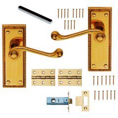 Georgian Style Latch Packs, Pair Brass, 63mm Brass Mortice , 2 x 150mm Hinges & Screws, for Internal Doors, 110 x 43mm