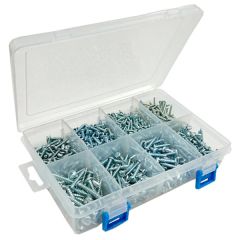 Assortment of BZP Slotted Pan Head Self Tapping Screws, 750 Pieces in a 8 Compartment Carry Case.
