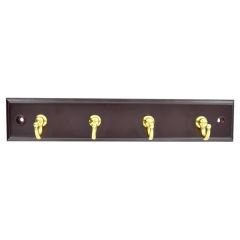 Key Hooks, 4 x Brass Plated Hooks on Mahogany Rail, 230 x 45mm