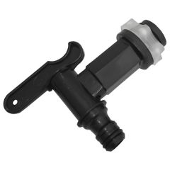 Snap-Fit Tap for Garden Water Barrels, Black Plastic with Clear Nylon Back Nut