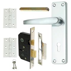 Door Lock Pack, Pair Bright Aluminium, 3-lever, 3 x 100mm ZP Hinges & Screws for External Doors, 150 x 40mm
