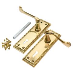 Georgian Style Lever Lock Door Handles, Pair Brass, 145 x 45mm