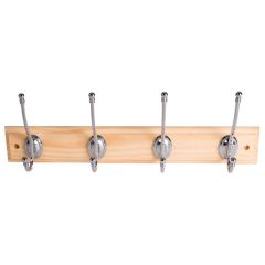 Ball End Hat & Coat Hooks, 4 x Bright Chrome Hooks on Pine Rail, 450 x 70mm