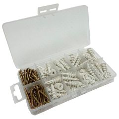 Assortment of Nylon Redi-Driva Cavity Wall Plugs & Screws, 112 Pieces in a 10 Compartment Carry Case.