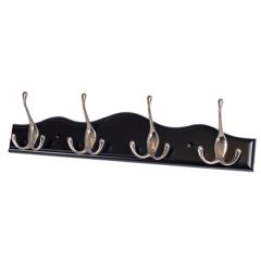 Triple Hat & Coat Hooks, 4 x Nickel Hooks on Scalloped Black Rail, 450 x 90mm at Centre