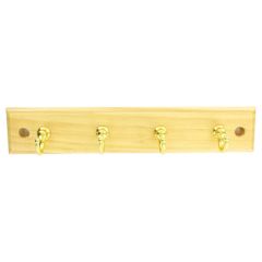 Key Hooks, 4 x Brass Plated Hooks on Pine Rail, 230 x 45mm