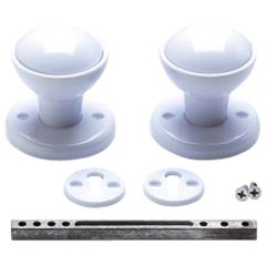 Mortice Door Knob Set, Pair White Plastic with Fittings, 47.5mm Knob Diameter