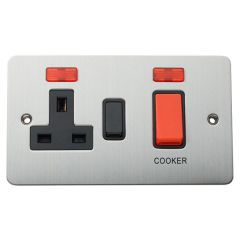 1-Gang Cooker Switch Socket with Neon, 45 Amp Flat Matt Chrome/ Black Insert