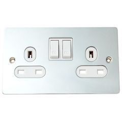 2-Gang Switched Wall Socket, Flat Bright Chrome/ White Insert 13 Amp