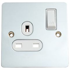 1-Gang Switched Wall Socket, Flat Bright Chrome/ White Insert 13 Amp