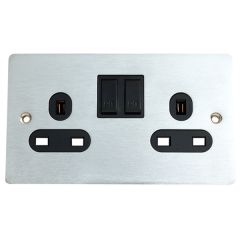 2-Gang Switched Wall Socket, Flat Stainless Steel/ Black Insert 13 Amp