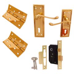 Georgian Style Lock Packs, Pair Brass, 145 x 45mm, 63mm Brass Mortice, 3 x 100mm DSW Hinges & Screws, for External Doors