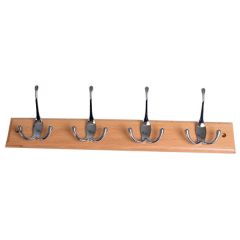 Triple Hat & Coat Hooks, 4 x Bright Chrome Hooks on Beech Rail, 450 x 70mm