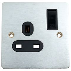 1-Gang Switched Wall Socket, Flat Stainless Steel/ Black Insert 13 Amp
